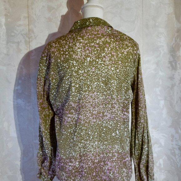 Eddie Bauer L Green Purple Floral Pleated Roll-Tab Sleeve Blouse - Picture 2 of 8